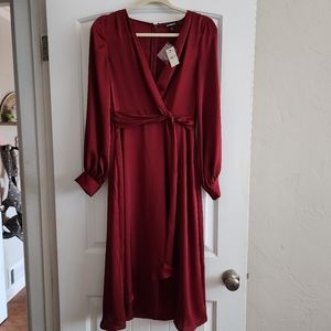 Red Dress long sheer capped sleeve low cut v neck, sheer top